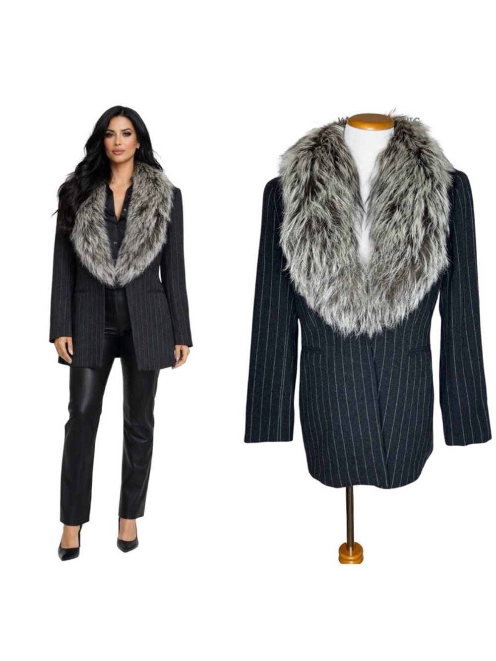 Pianoforte di MaxMara Fur Collar Blazer Size US 8 Gray Pinstripe Wool Cashmere